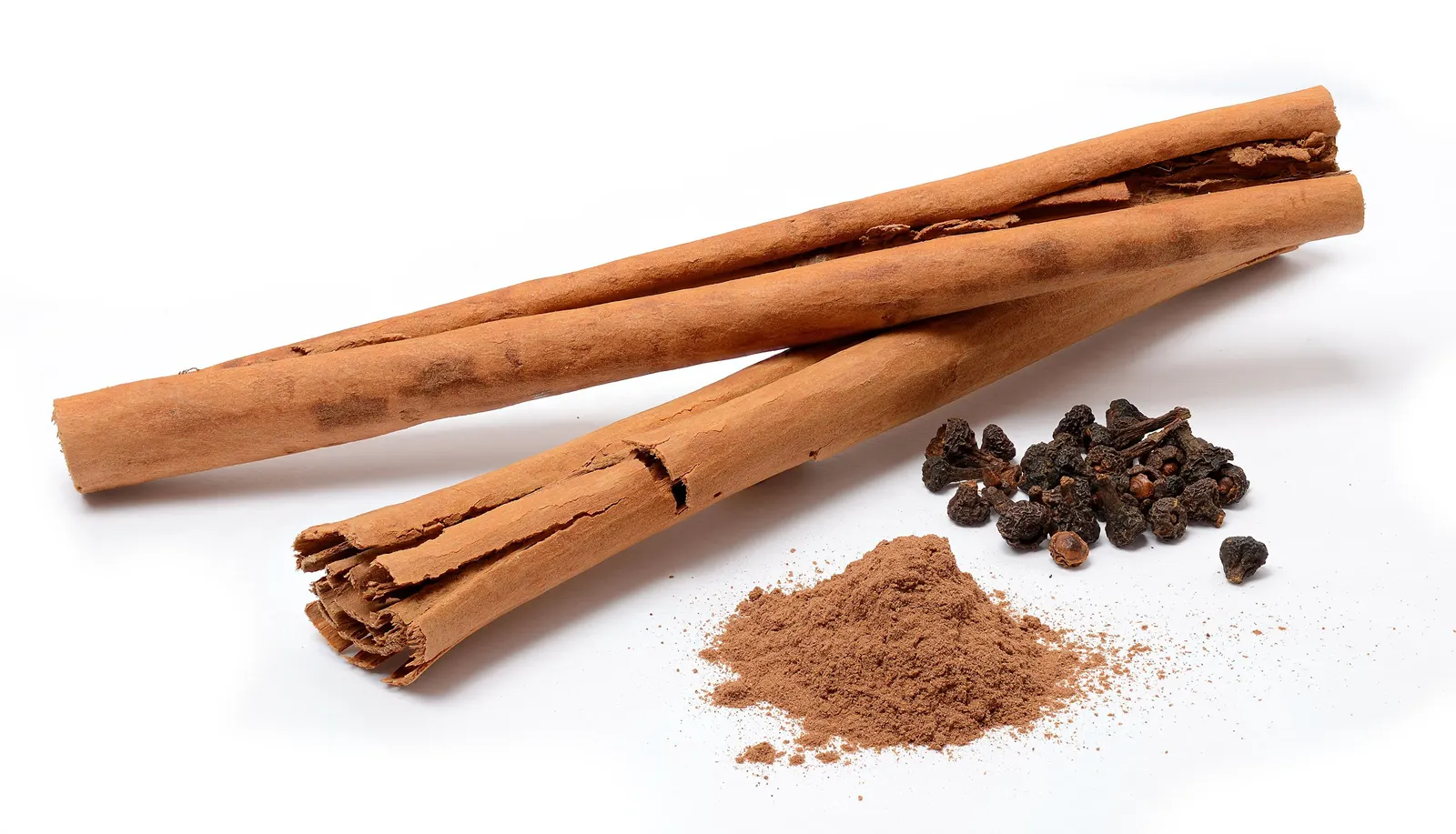 Two long, pale tan cinnamon sticks on a white background, the end of one showing many thin layers rolled inside each other, beside a small heap of ground cinnamon and a few small dark dried buds