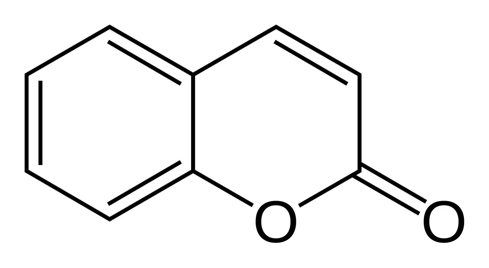 Skeletal formula of coumarin: two fused six-membered rings, the right-hand ring containing an oxygen atom, with a second oxygen double-bonded to the carbon beside it